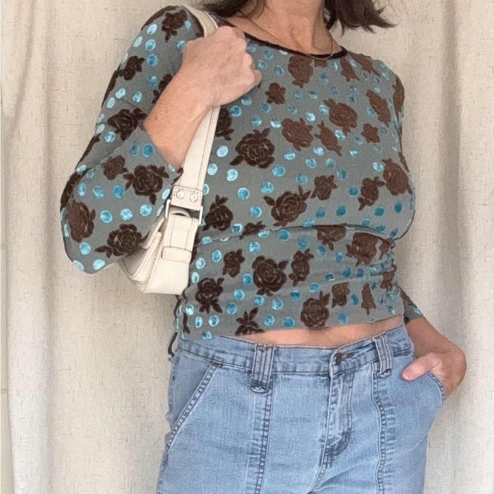 Vintage 90’s Y2K Hanky Panky Brown Rose & Blue Polka Dot Top Sz XS/S